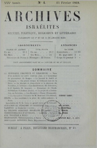 Archives israélites de France. Vol.30 N°04 (15 févr. 1869)